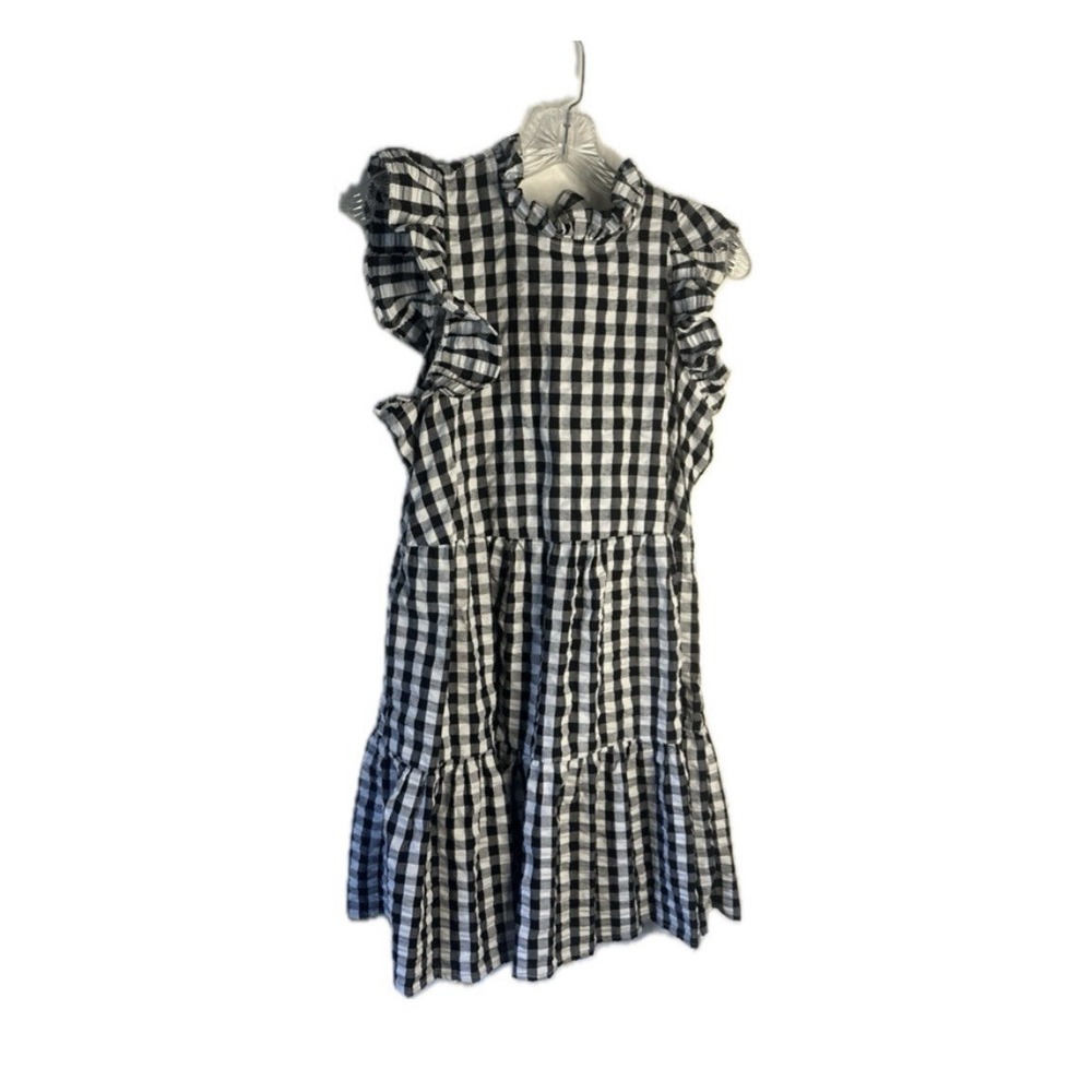 Mudpie Seersucker Gingham Tiered Dress M Black White Ruffle Collar Cottagecore